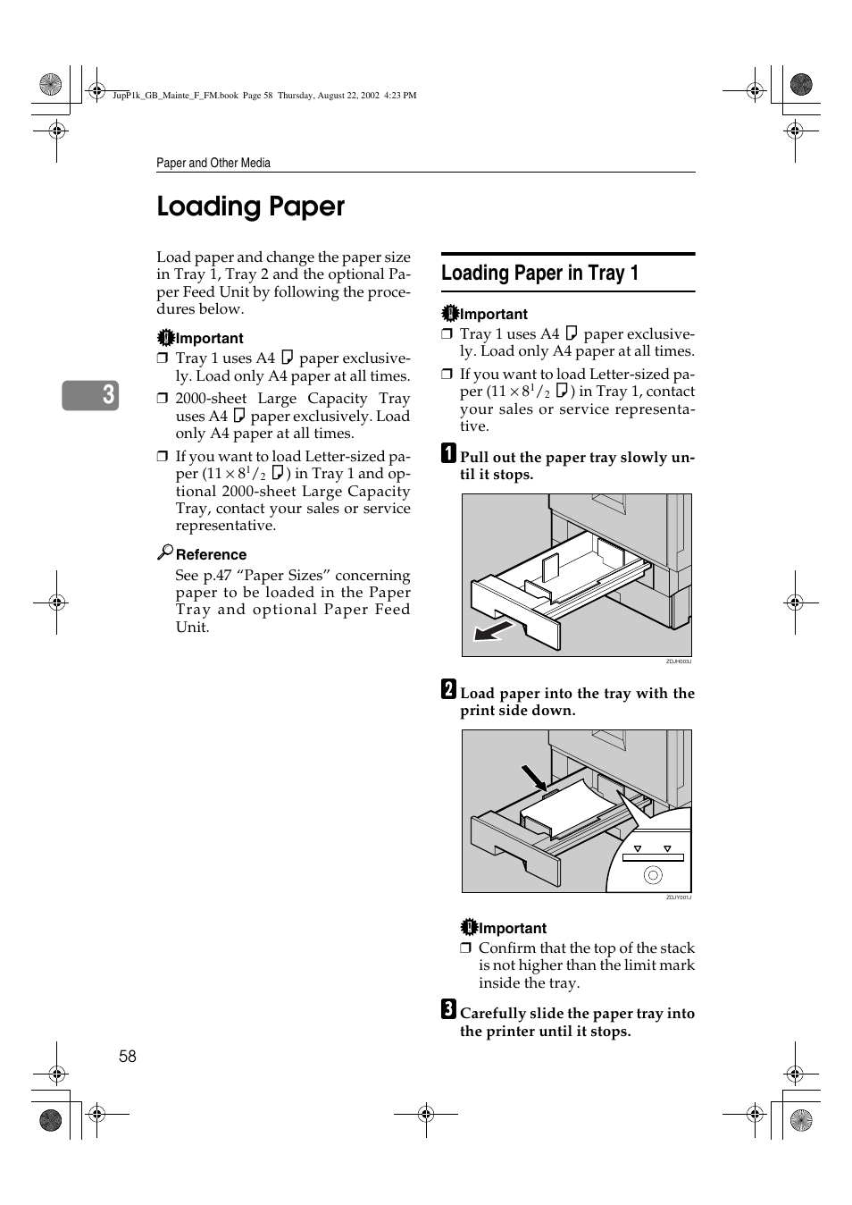 Loading paper, Loading paper in tray 1, 3loading paper | Ricoh AP3800C User Manual | Page 68 / 124