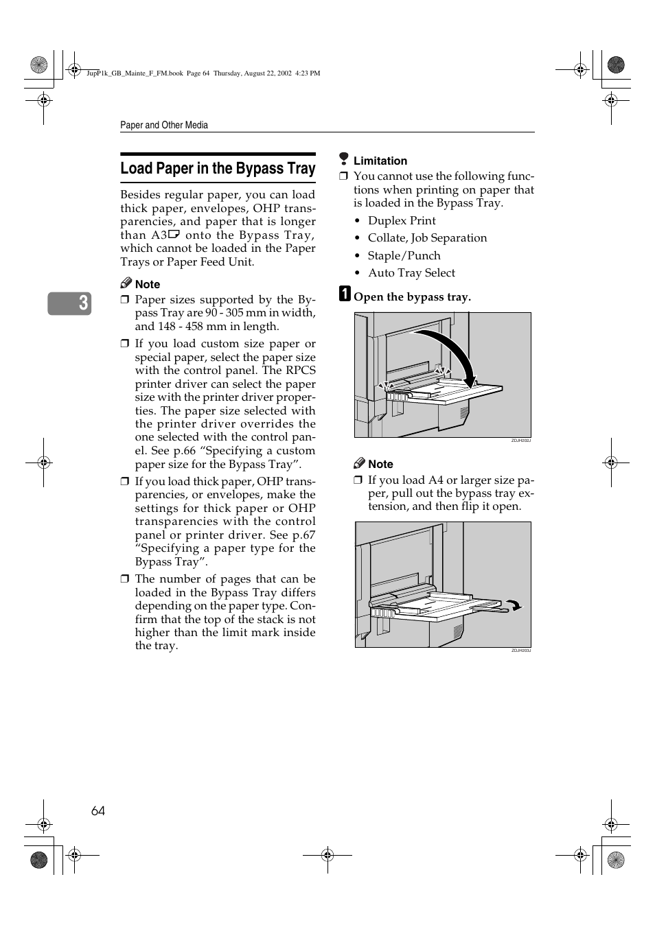 Load paper in the bypass tray | Ricoh AP3800C User Manual | Page 74 / 124
