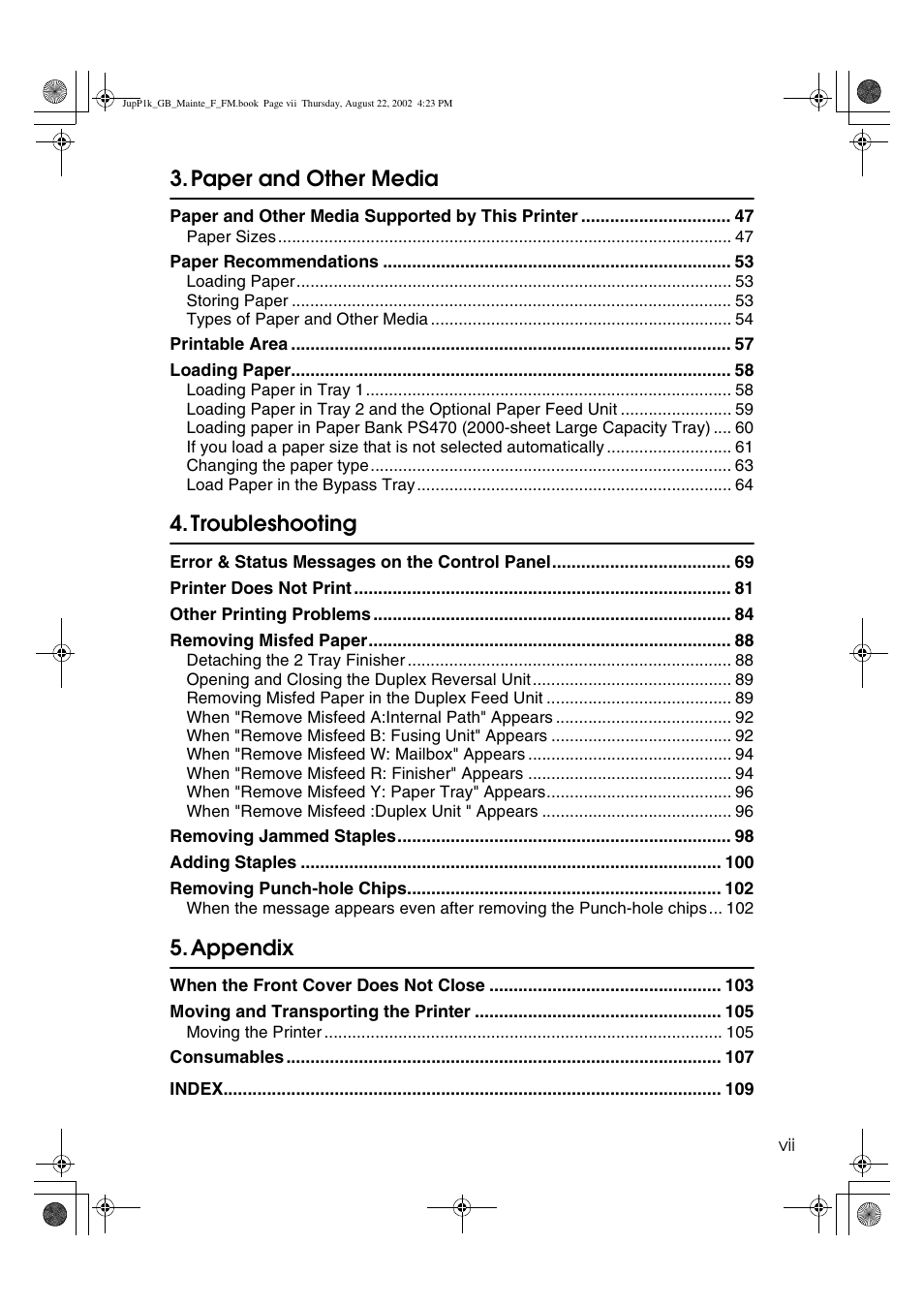 Paper and other media, Troubleshooting, Appendix | Ricoh AP3800C User Manual | Page 9 / 124