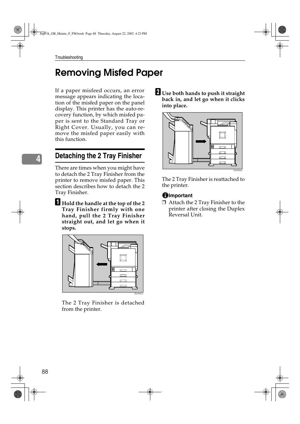 Removing misfed paper, Detaching the 2 tray finisher, 4removing misfed paper | Ricoh AP3800C User Manual | Page 98 / 124