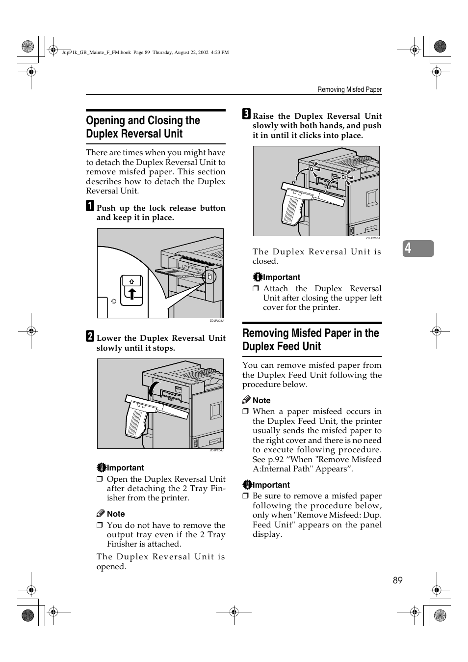 Opening and closing the duplex reversal unit, Removing misfed paper in the duplex feed unit | Ricoh AP3800C User Manual | Page 99 / 124