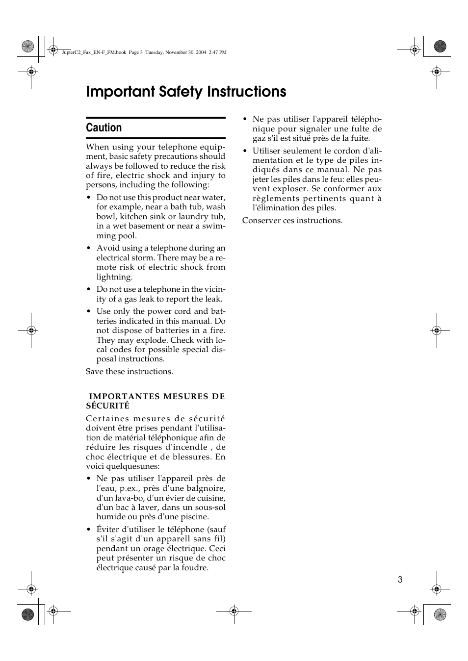 Important safety instructions, Caution | Ricoh 3245 User Manual | Page 11 / 108