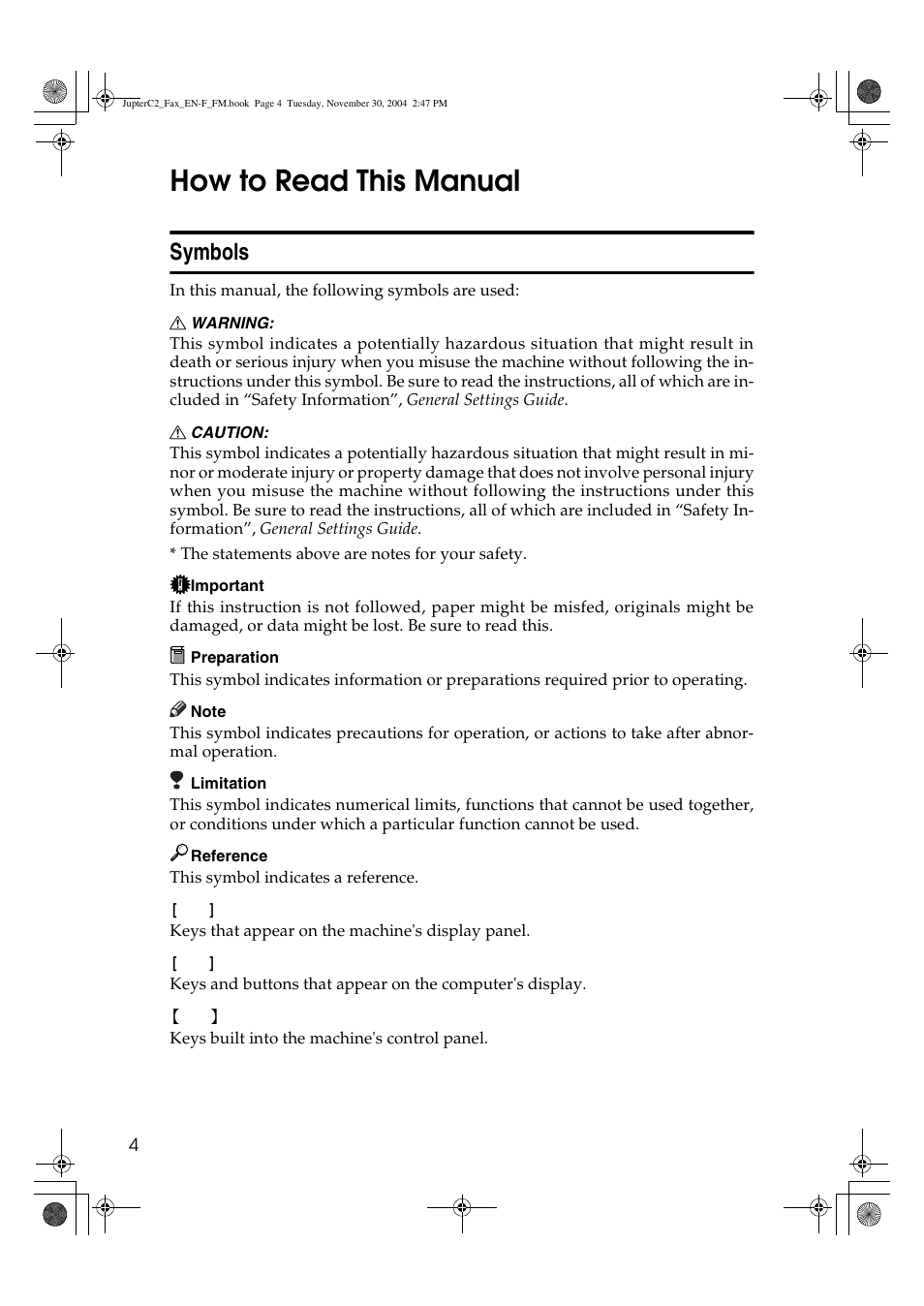 How to read this manual, Symbols | Ricoh 3245 User Manual | Page 12 / 108