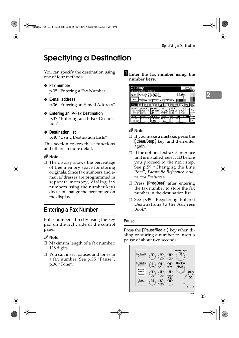 2specifying a destination, Entering a fax number | Ricoh 3245 User Manual | Page 43 / 108