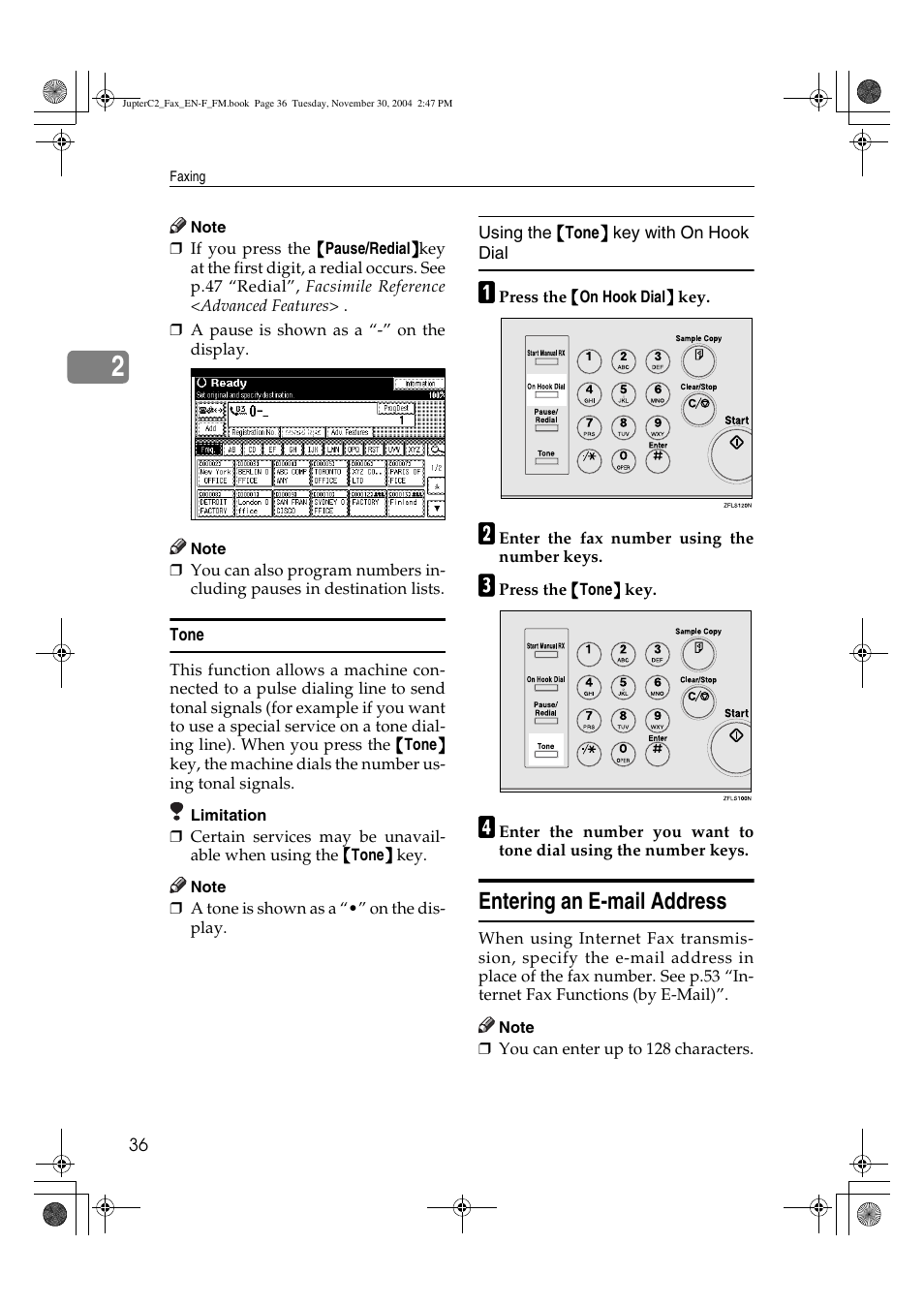 Entering an e-mail address | Ricoh 3245 User Manual | Page 44 / 108