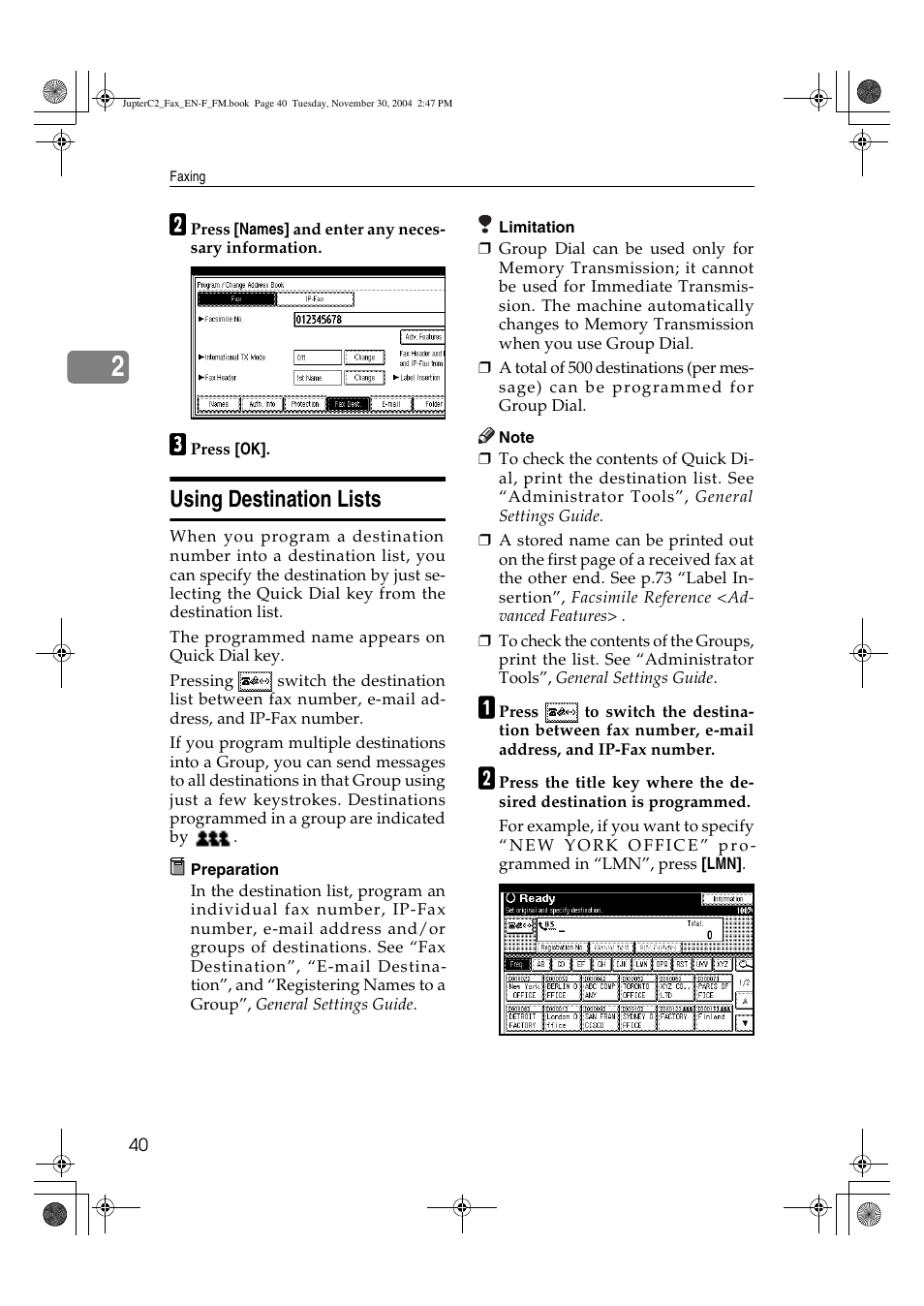 Using destination lists | Ricoh 3245 User Manual | Page 48 / 108
