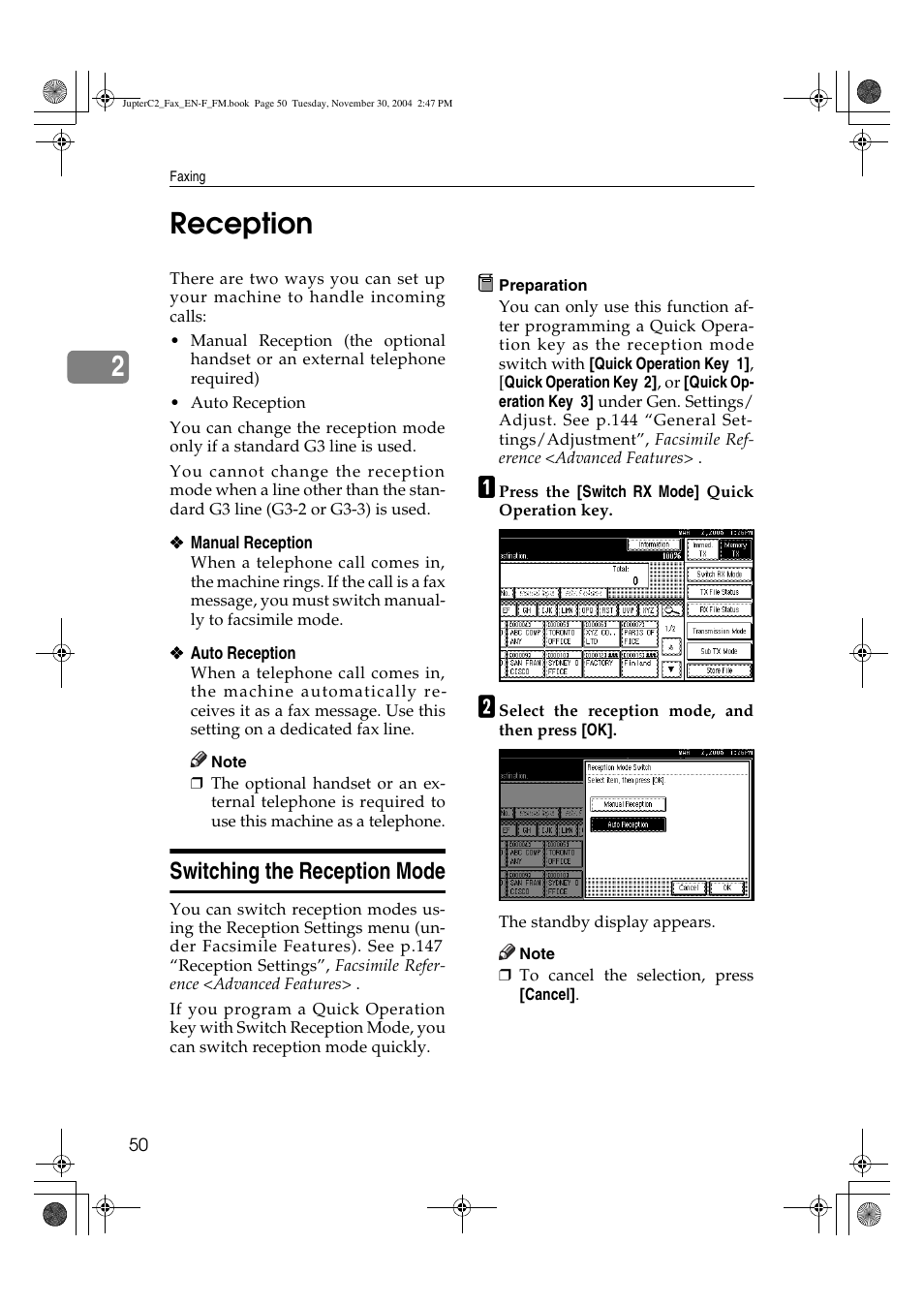 2reception, Switching the reception mode | Ricoh 3245 User Manual | Page 58 / 108