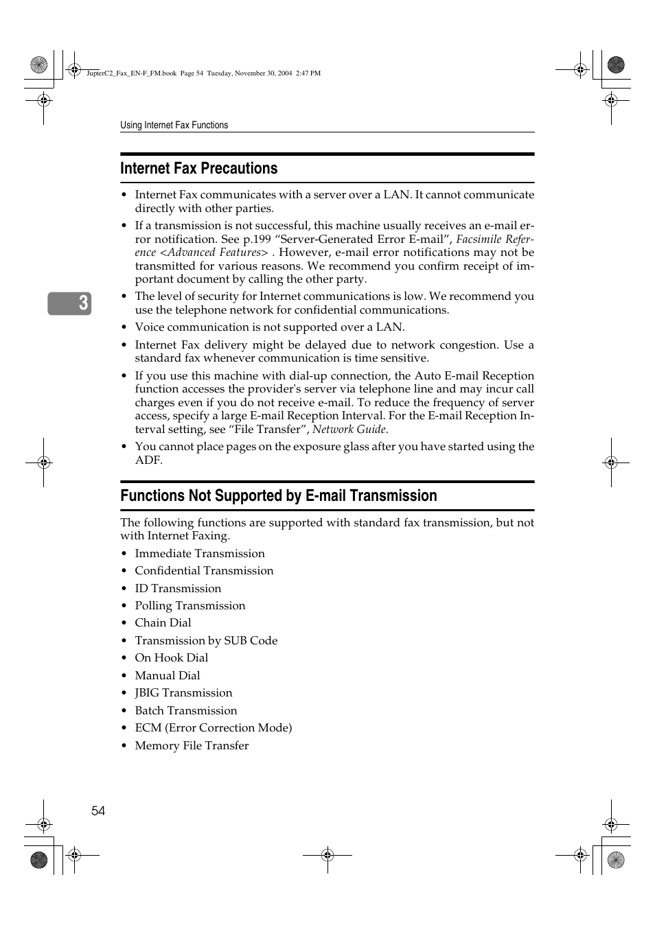 Internet fax precautions, Functions not supported by e-mail transmission | Ricoh 3245 User Manual | Page 62 / 108