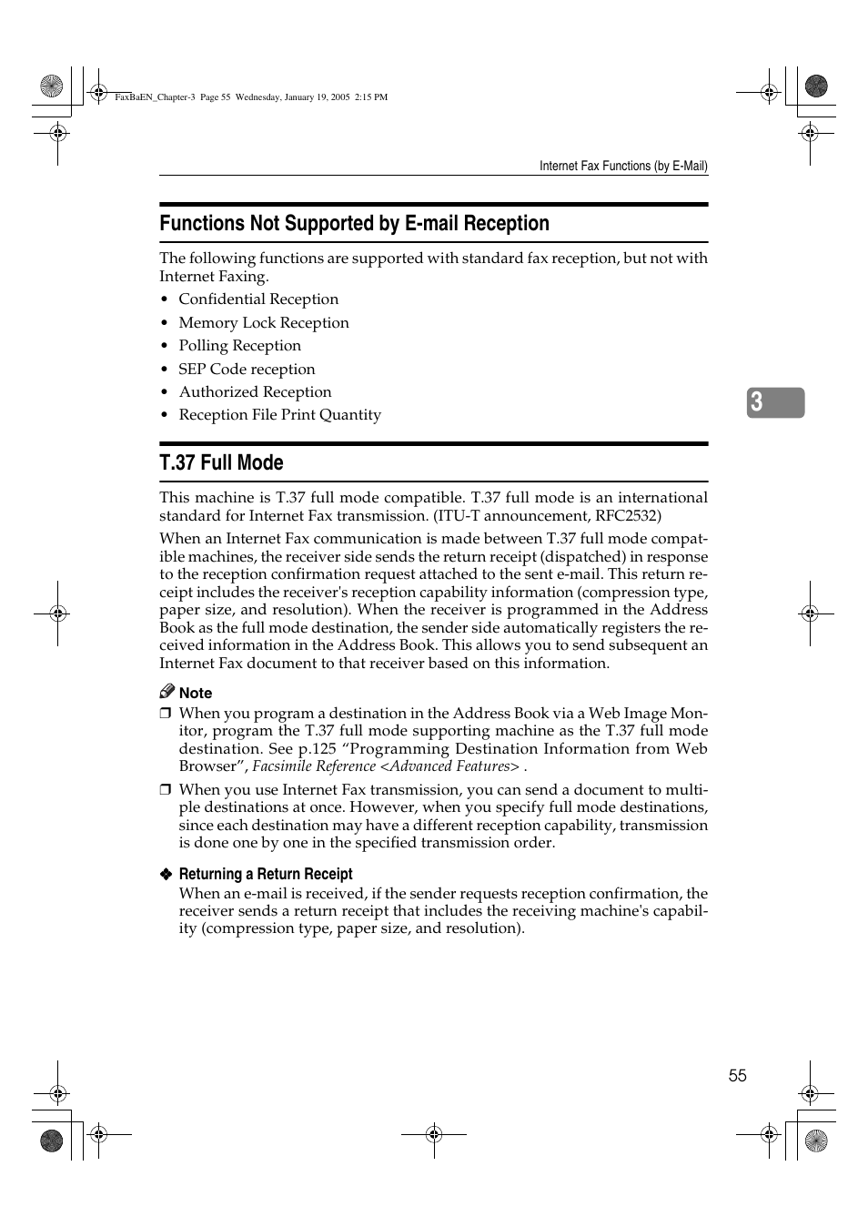 Functions not supported by e-mail reception, T.37 full mode | Ricoh 3245 User Manual | Page 63 / 108