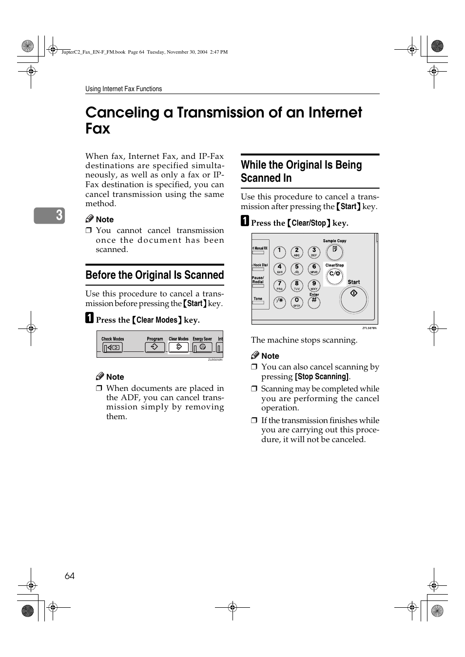 3canceling a transmission of an internet fax, Before the original is scanned, While the original is being scanned in | Ricoh 3245 User Manual | Page 72 / 108