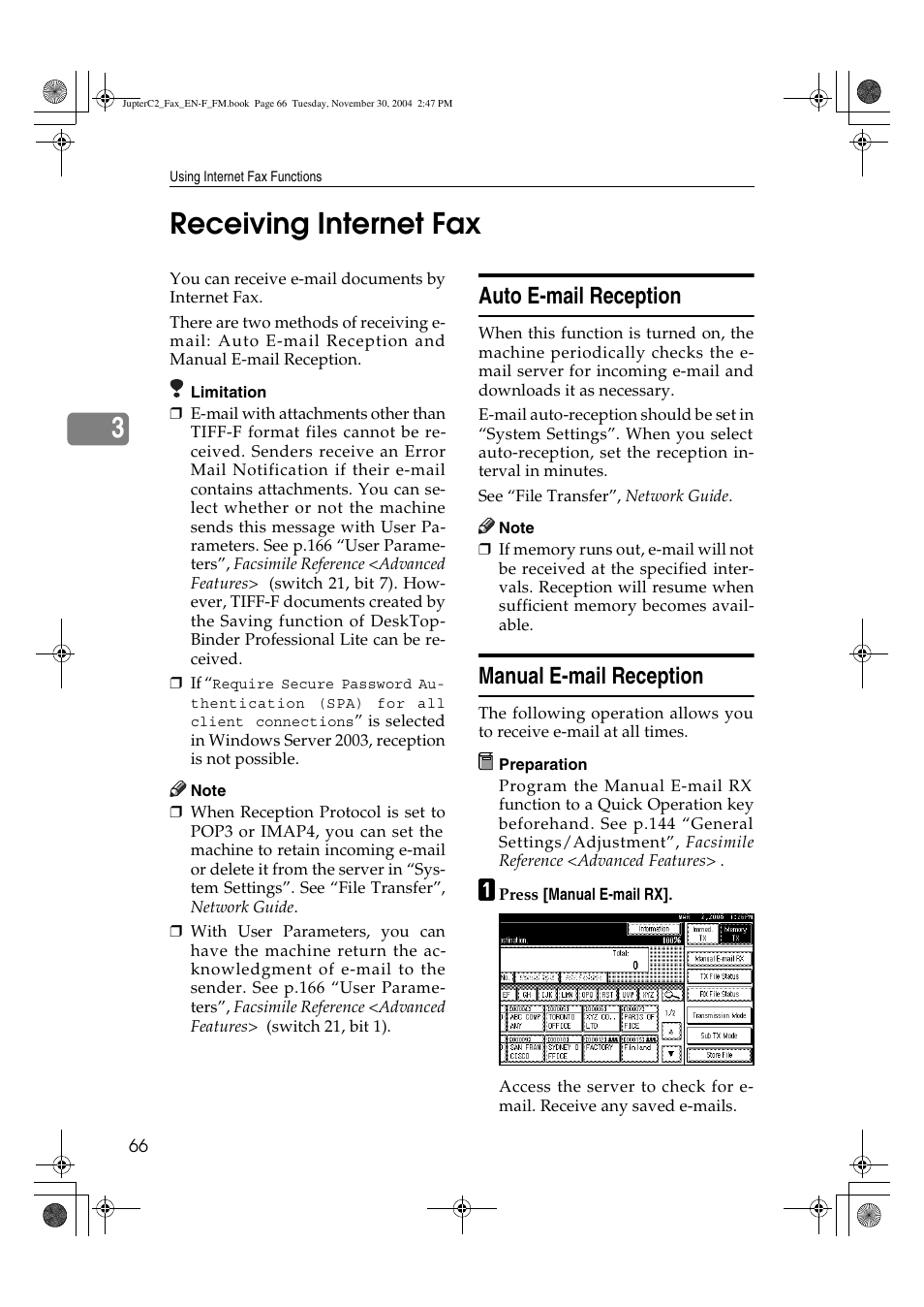 3receiving internet fax, Auto e-mail reception, Manual e-mail reception | Ricoh 3245 User Manual | Page 74 / 108