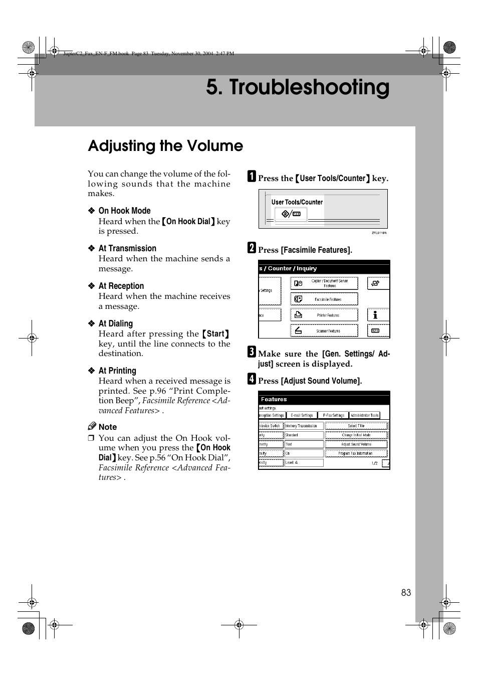Troubleshooting, Adjusting the volume | Ricoh 3245 User Manual | Page 91 / 108