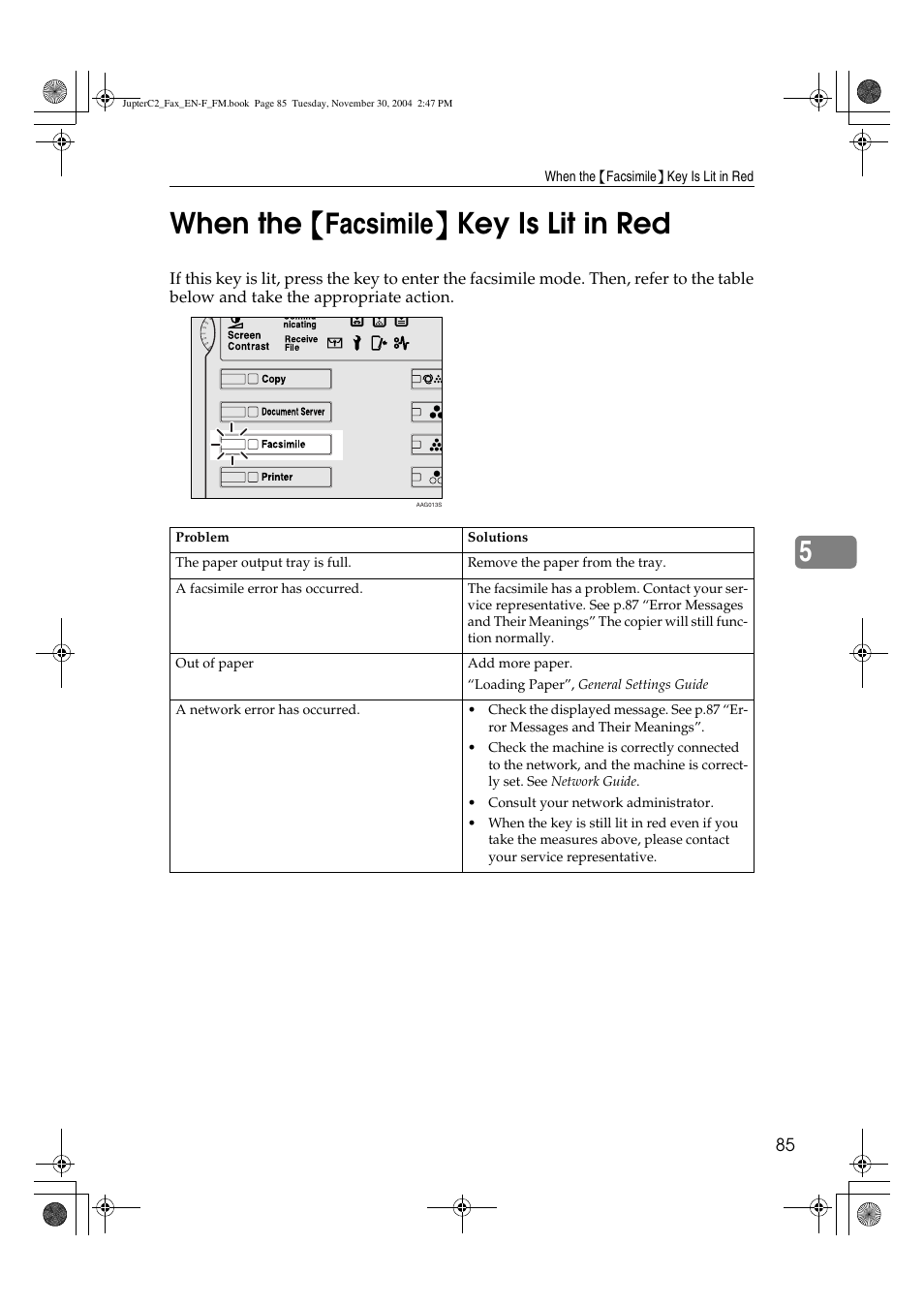 5when the {{{{ facsimile }}}} key is lit in red | Ricoh 3245 User Manual | Page 93 / 108