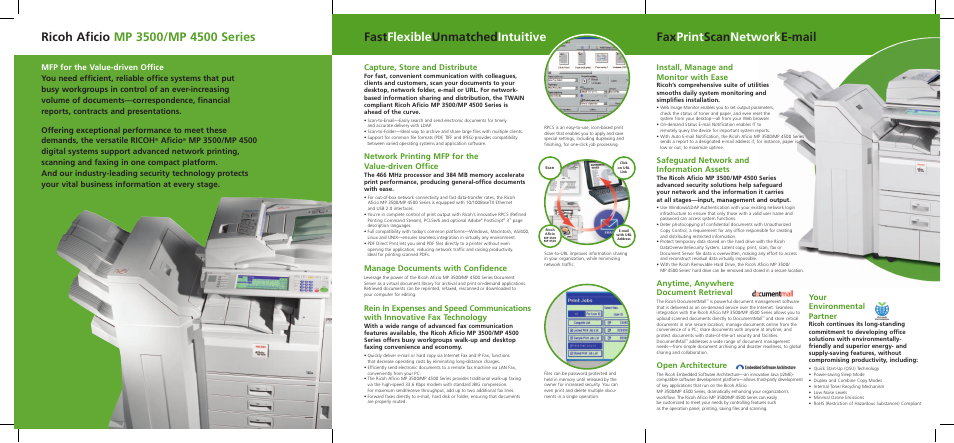 Capture, store and distribute, Network printing mfp for the value-driven office, Manage documents with confidence | Install, manage and monitor with ease, Safeguard network and information assets, Anytime, anywhere document retrieval, Open architecture, Your environmental partner, Aficio | Ricoh Aficio MP 3500/MP 4500 User Manual | Page 2 / 6
