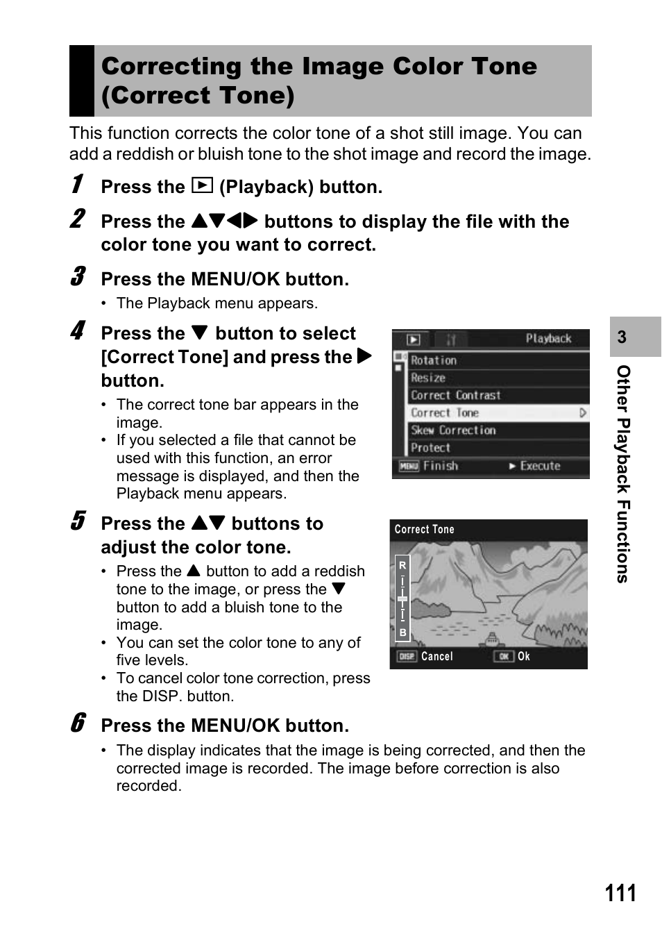 Correcting the image color tone (correct tone) | Ricoh Caplio R7 User Manual | Page 113 / 202