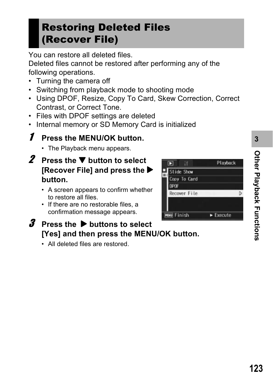 Restoring deleted files (recover file) | Ricoh Caplio R7 User Manual | Page 125 / 202