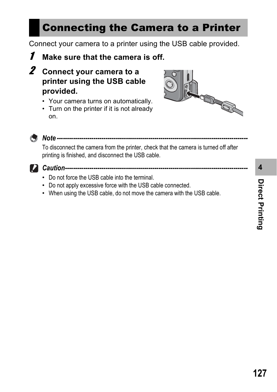 Connecting the camera to a printer | Ricoh Caplio R7 User Manual | Page 129 / 202