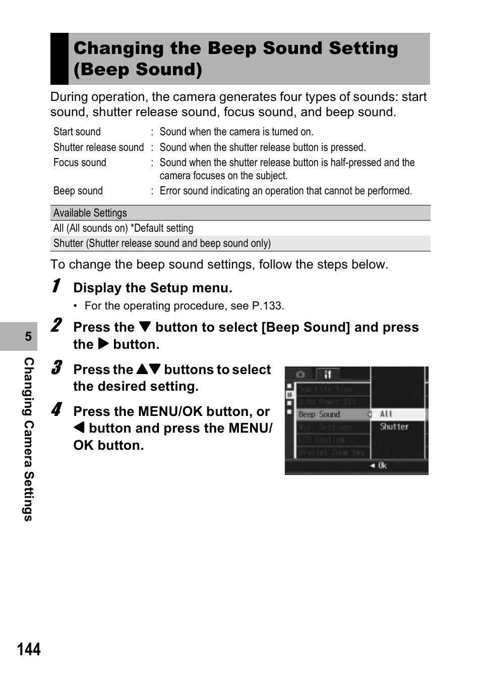 Changing the beep sound setting (beep sound) | Ricoh Caplio R7 User Manual | Page 146 / 202