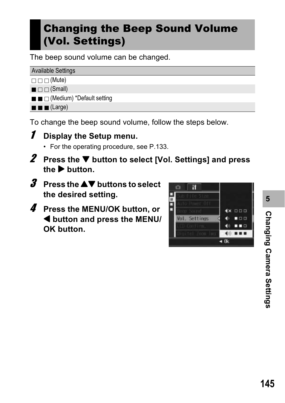 Changing the beep sound volume (vol. settings) | Ricoh Caplio R7 User Manual | Page 147 / 202