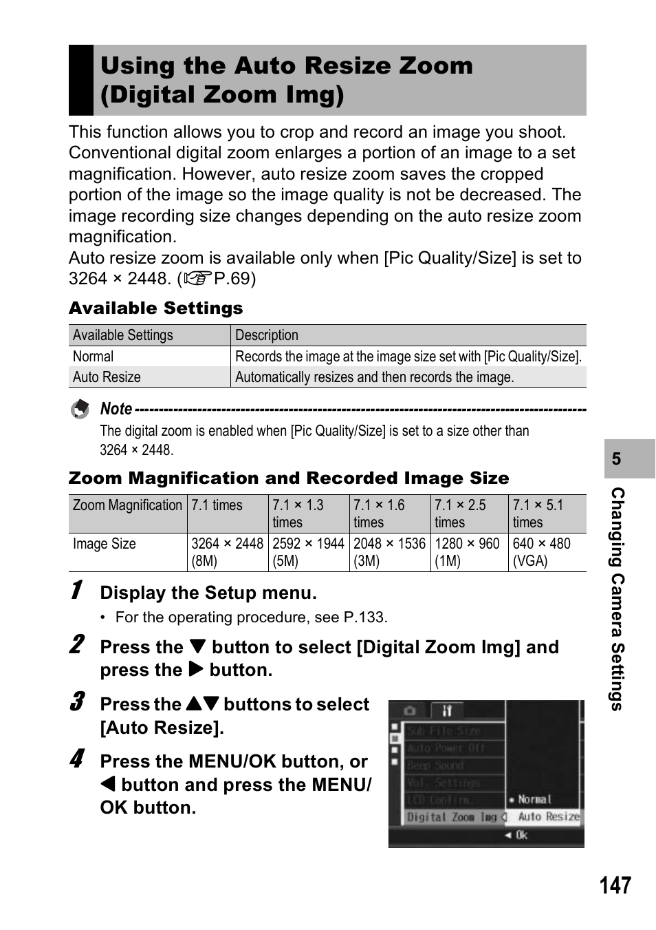 Using the auto resize zoom (digital zoom img) | Ricoh Caplio R7 User Manual | Page 149 / 202