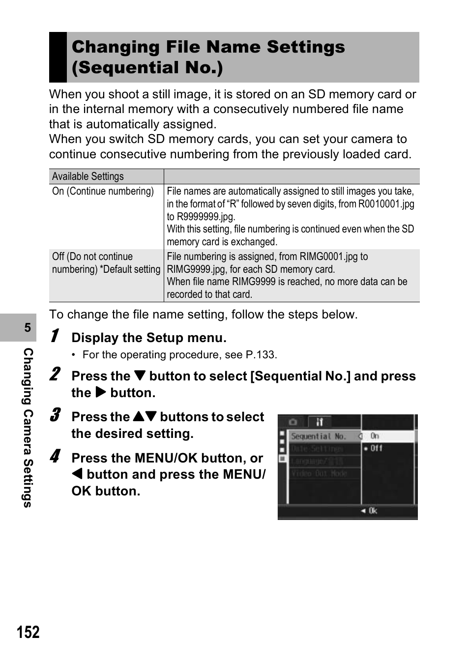 Changing file name settings (sequential no.) | Ricoh Caplio R7 User Manual | Page 154 / 202