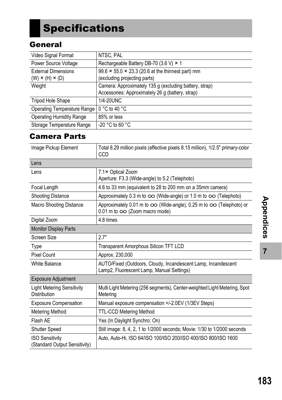 Specifications | Ricoh Caplio R7 User Manual | Page 185 / 202