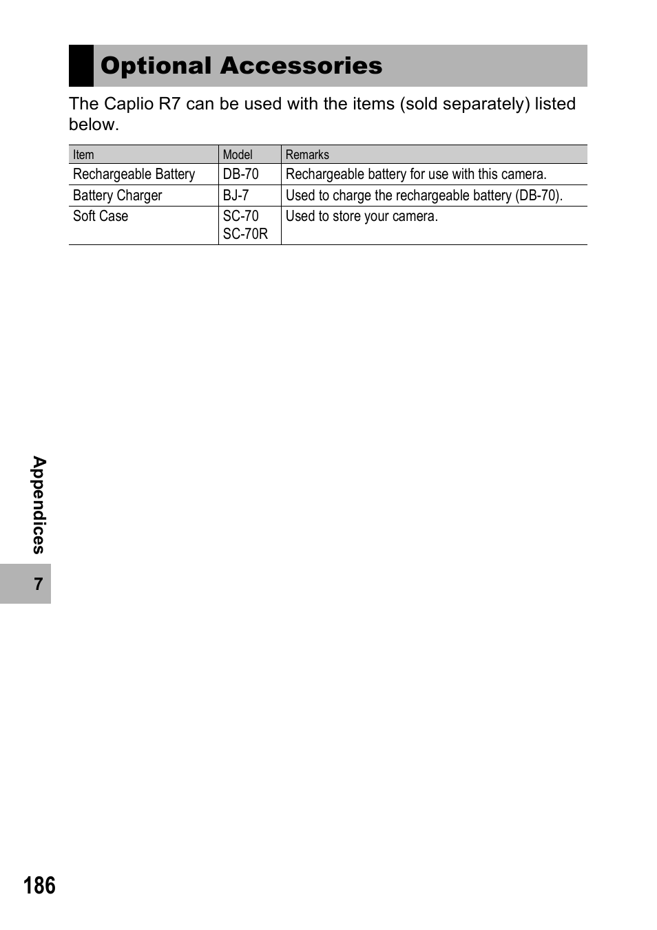 Optional accessories | Ricoh Caplio R7 User Manual | Page 188 / 202