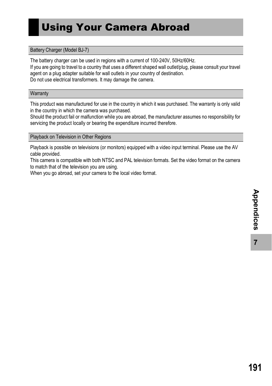Using your camera abroad | Ricoh Caplio R7 User Manual | Page 193 / 202