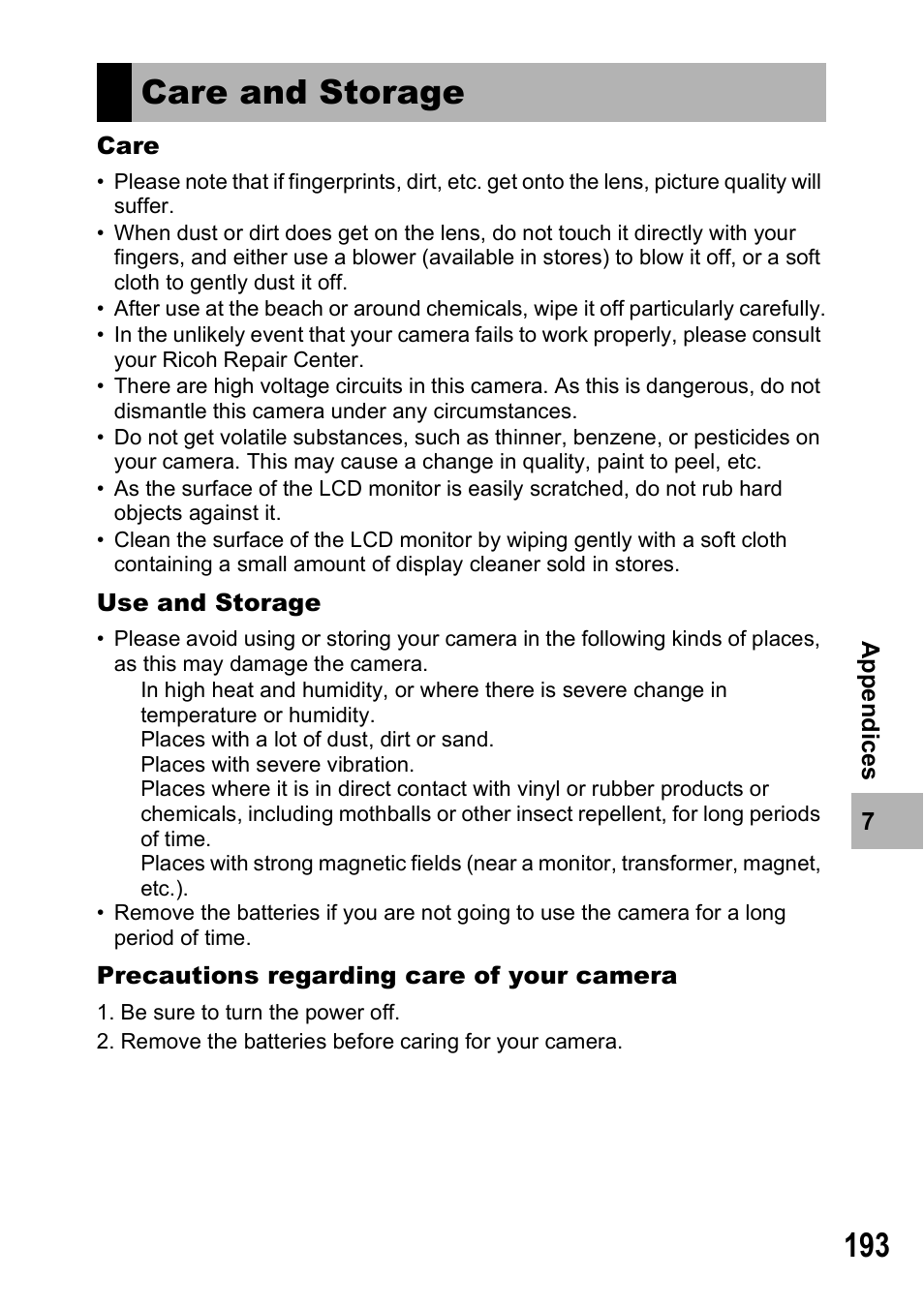 Care and storage | Ricoh Caplio R7 User Manual | Page 195 / 202