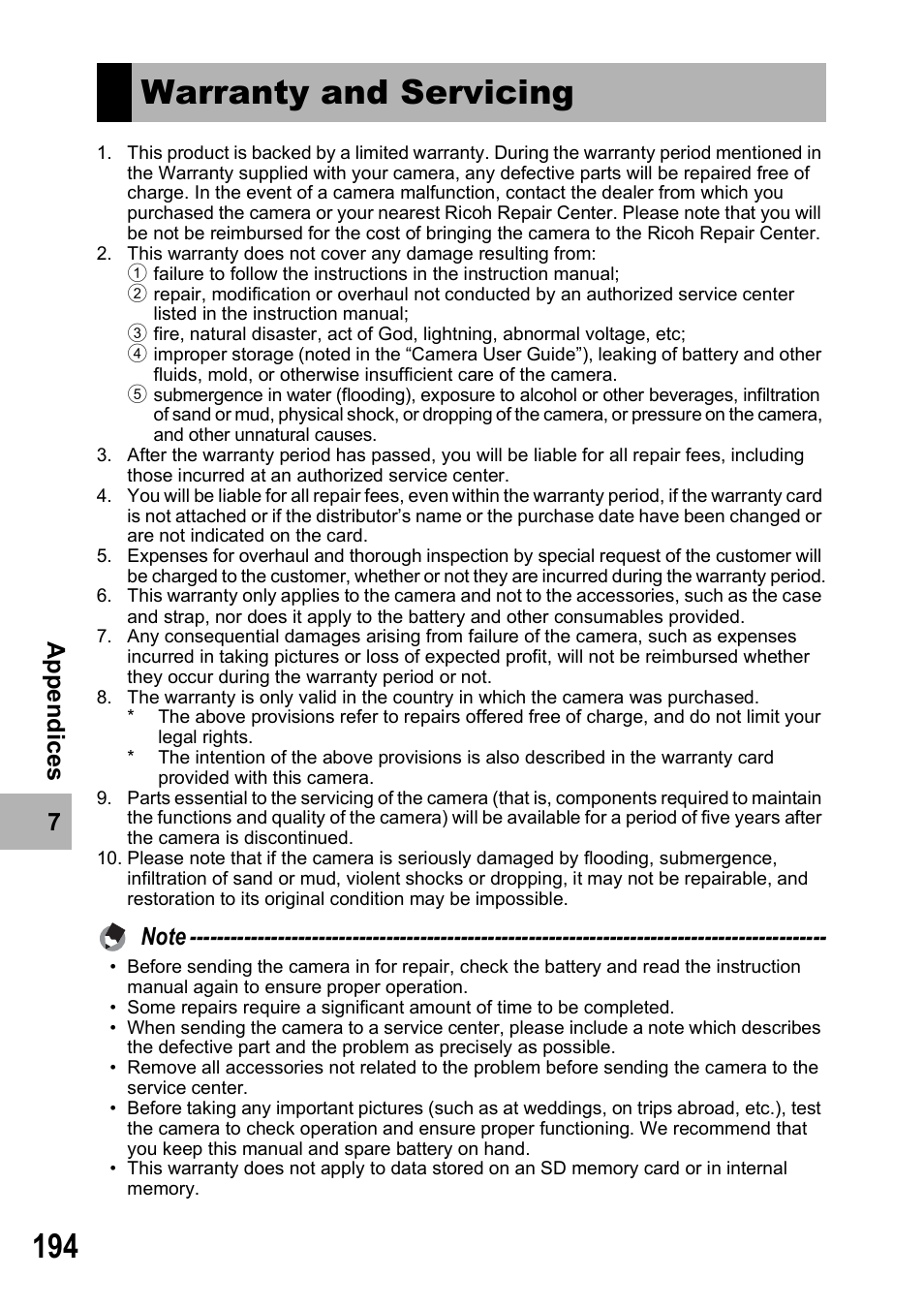 Warranty and servicing | Ricoh Caplio R7 User Manual | Page 196 / 202
