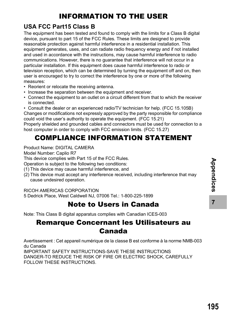 Information to the user, Compliance information statement, Remarque concernant les utilisateurs au canada | Ricoh Caplio R7 User Manual | Page 197 / 202