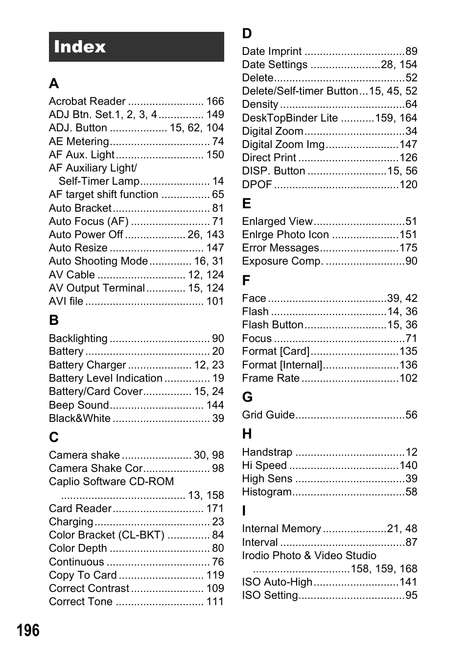 Index | Ricoh Caplio R7 User Manual | Page 198 / 202