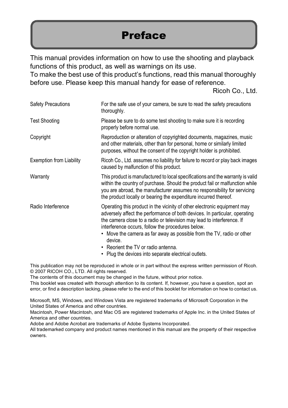 Preface | Ricoh Caplio R7 User Manual | Page 2 / 202