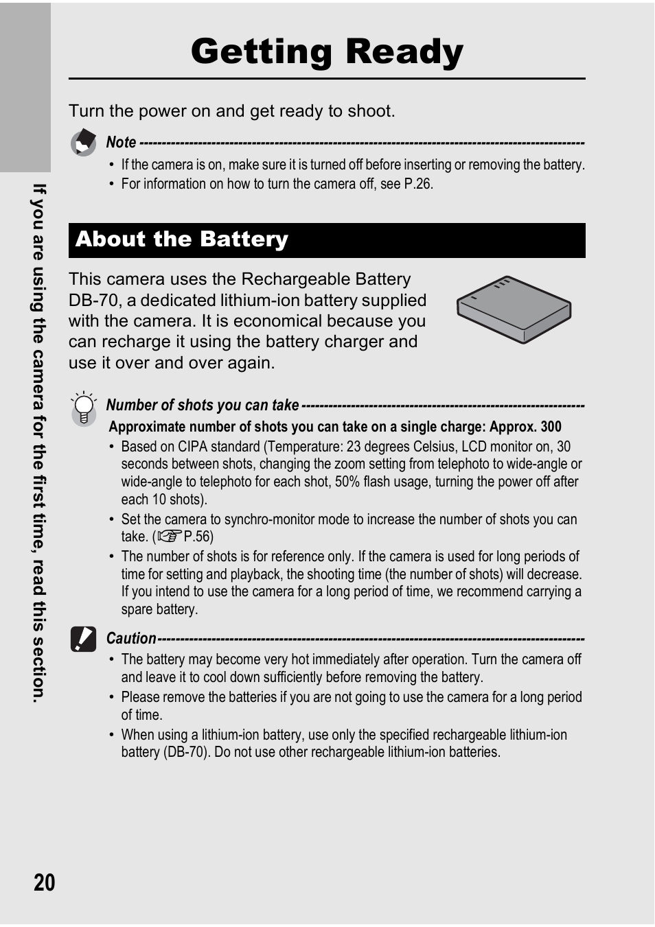 Getting ready, About the battery | Ricoh Caplio R7 User Manual | Page 22 / 202