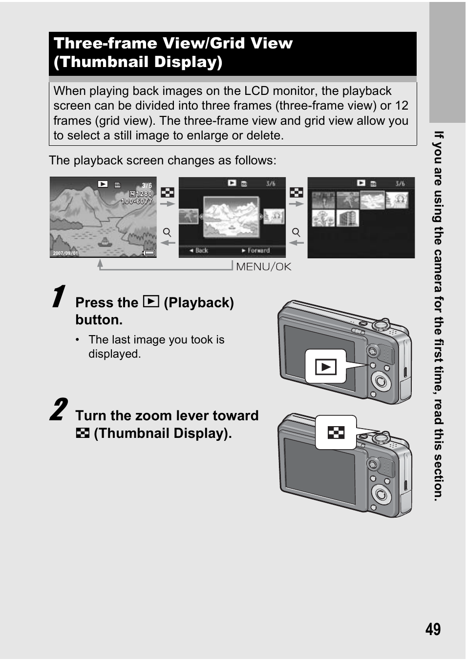 Three-frame view/grid view (thumbnail display), Press the 6 (playback) button, Turn the zoom lever toward 9 (thumbnail display) | Ricoh Caplio R7 User Manual | Page 51 / 202