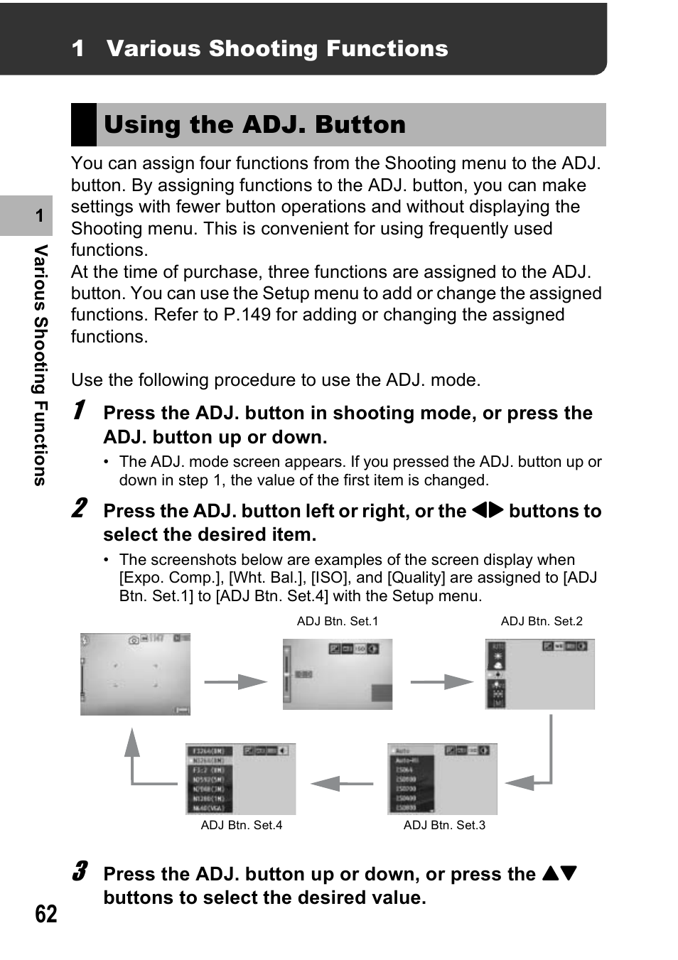 Using the adj. button, 1 various shooting functions | Ricoh Caplio R7 User Manual | Page 64 / 202