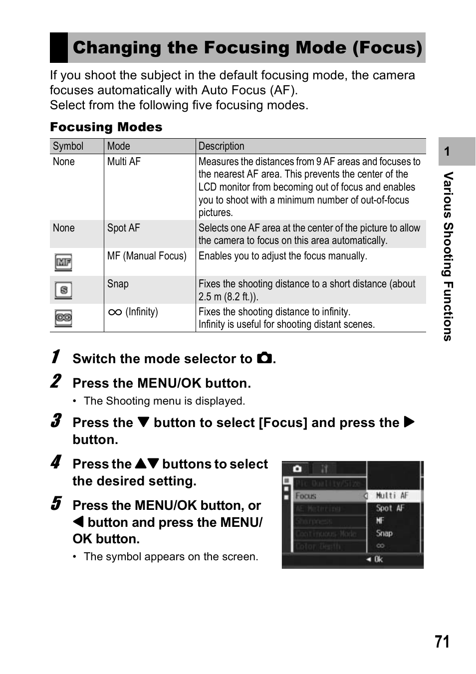 Changing the focusing mode (focus) | Ricoh Caplio R7 User Manual | Page 73 / 202