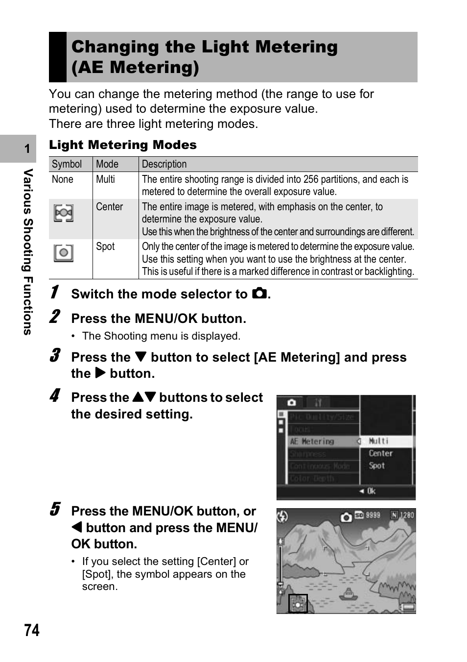 Changing the light metering (ae metering) | Ricoh Caplio R7 User Manual | Page 76 / 202