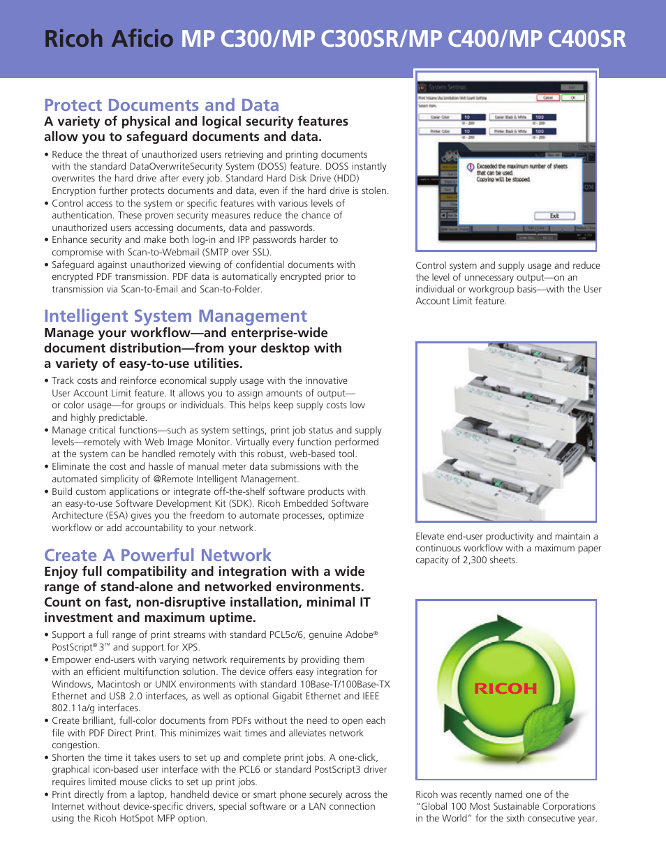 Protect documents and data, Intelligent system management, Create a powerful network | Ricoh AFICIO MP C300SR User Manual | Page 6 / 8