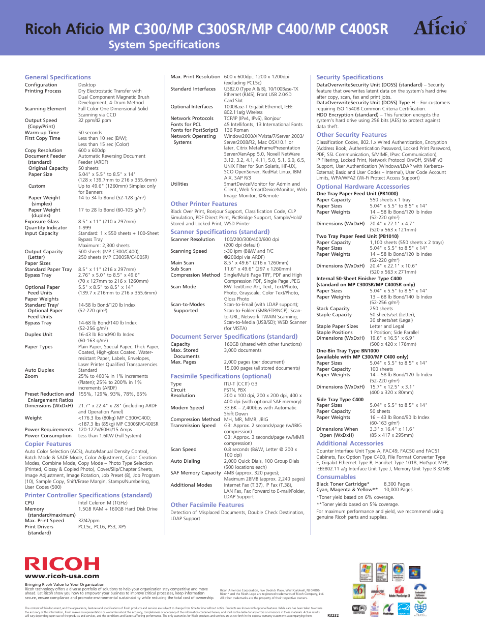 Compact, Intelligent, System specifications | Ricoh AFICIO MP C300SR User Manual | Page 8 / 8