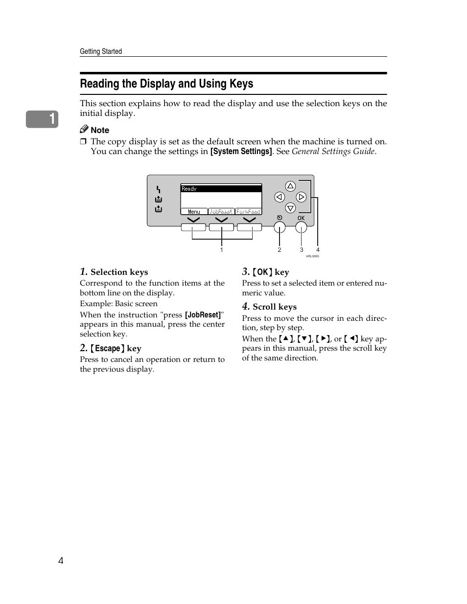 Reading the display and using keys | Ricoh Printer/Scanner User Manual | Page 10 / 56