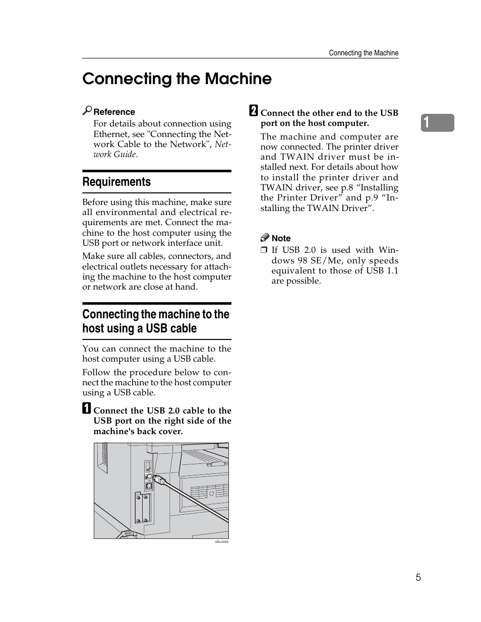 Connecting the machine, Requirements, 1connecting the machine | Ricoh Printer/Scanner User Manual | Page 11 / 56