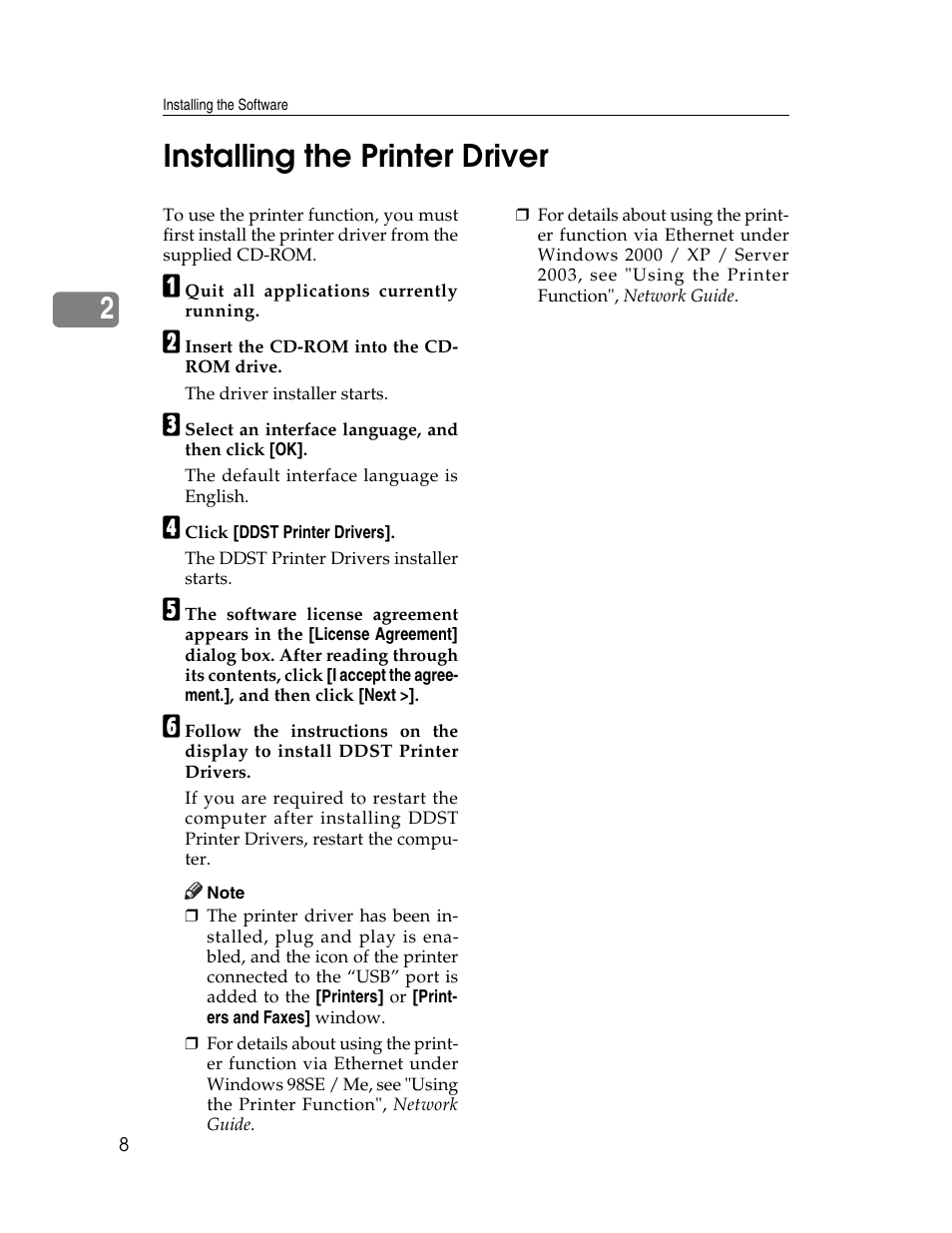Installing the printer driver, 2installing the printer driver | Ricoh Printer/Scanner User Manual | Page 14 / 56