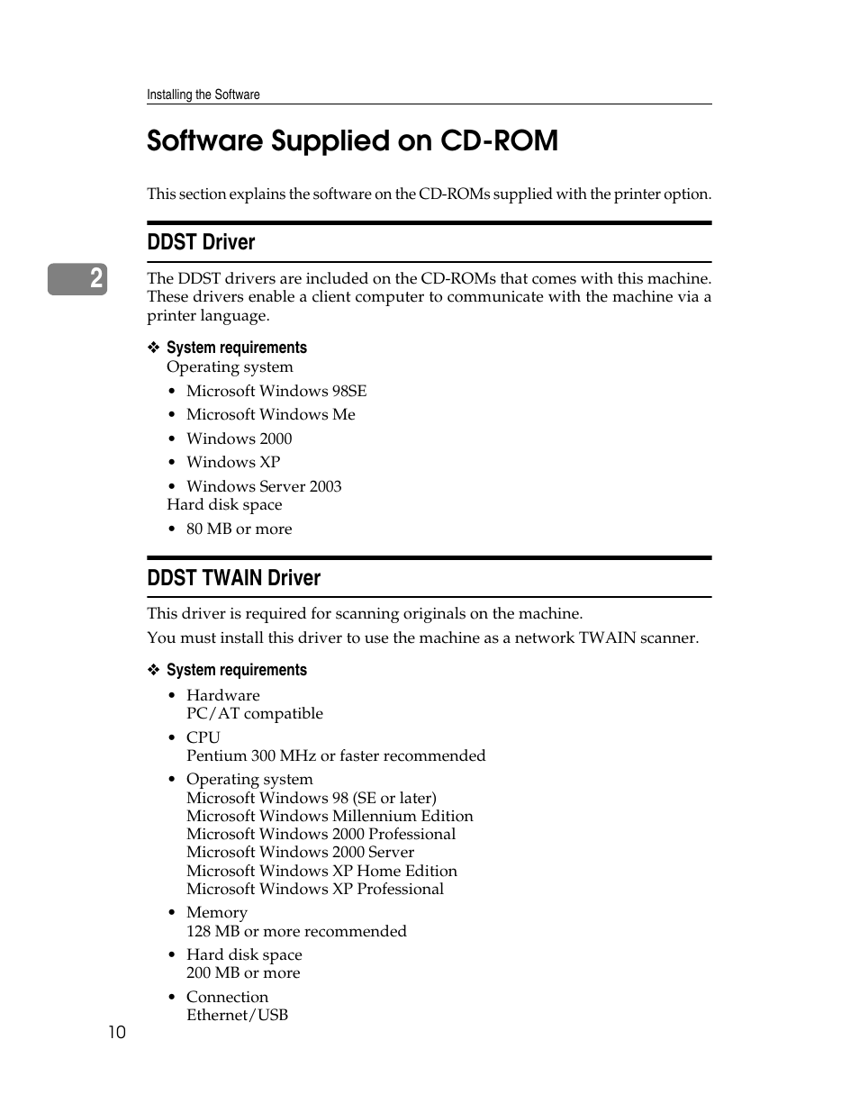 Software supplied on cd-rom, Ddst driver, Ddst twain driver | Ddst driver ddst twain driver, 2software supplied on cd-rom | Ricoh Printer/Scanner User Manual | Page 16 / 56