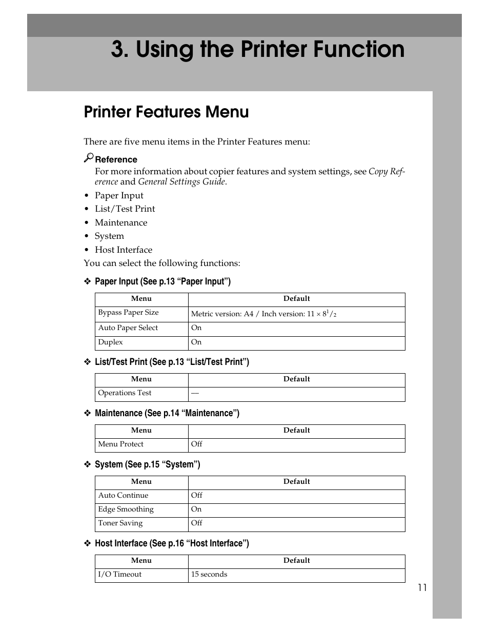 Using the printer function, Printer features menu | Ricoh Printer/Scanner User Manual | Page 17 / 56