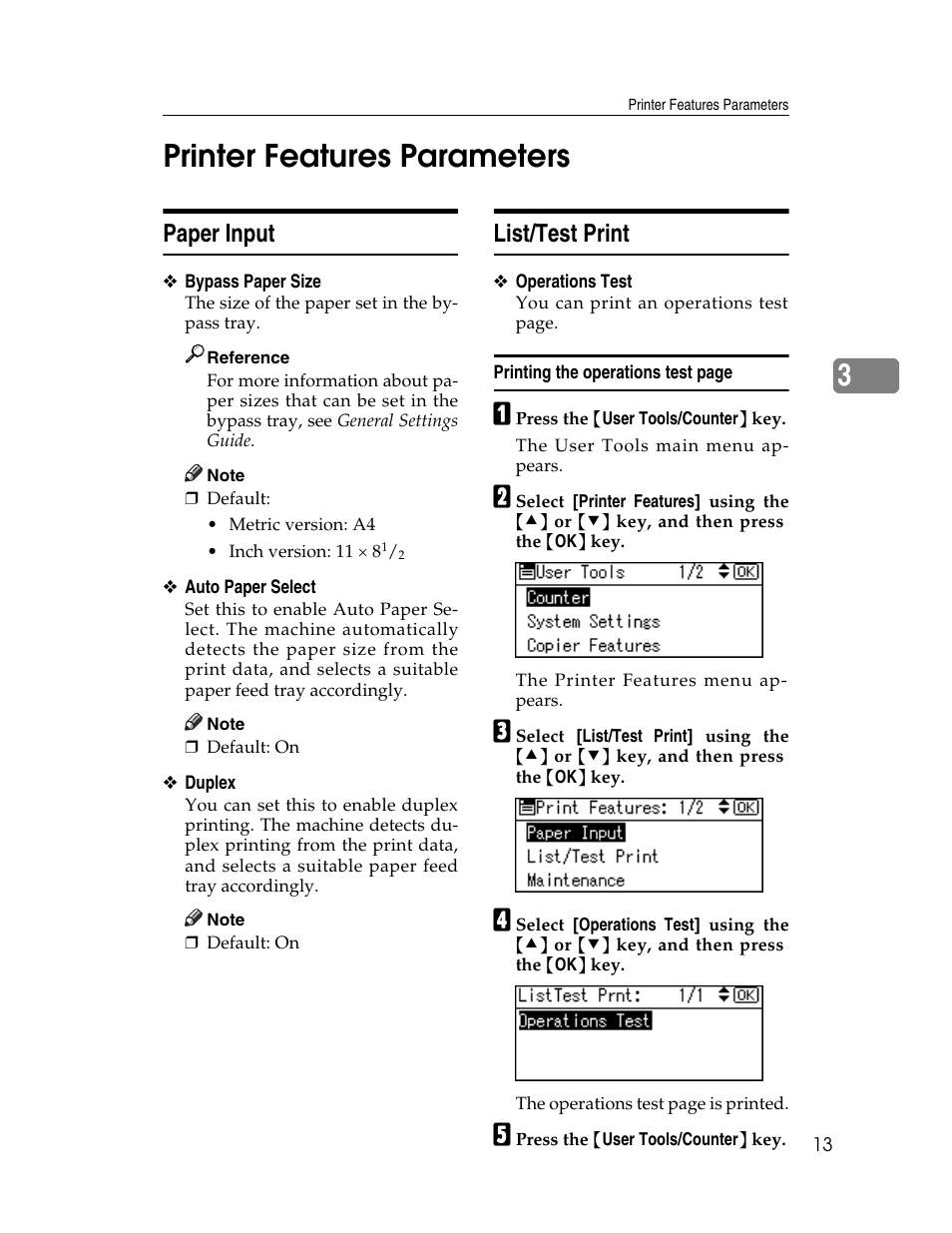 Printer features parameters, Paper input, List/test print | Paper input list/test print, Paper input (see p.13 “paper input”), List/test print (see p.13 “list/test print”), 3printer features parameters | Ricoh Printer/Scanner User Manual | Page 19 / 56