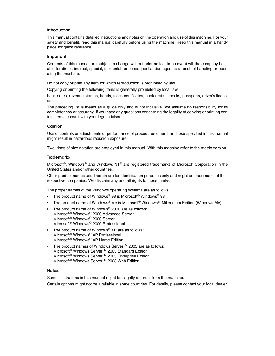 Introduction, Important, Caution | Trademarks, Notes | Ricoh Printer/Scanner User Manual | Page 2 / 56