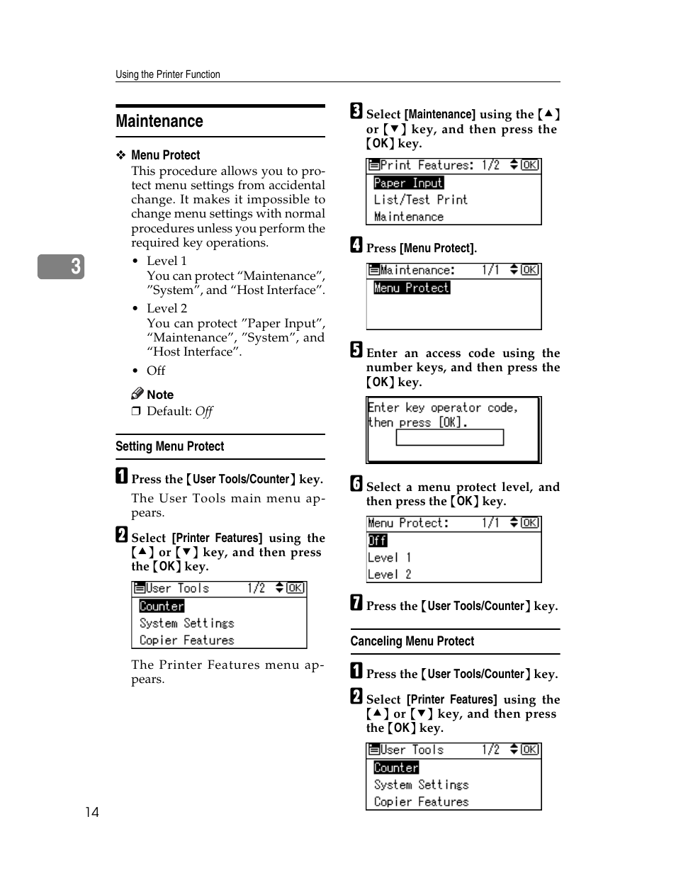 Maintenance, Setting menu protect, Canceling menu protect | P.14 “maintenance”) | Ricoh Printer/Scanner User Manual | Page 20 / 56