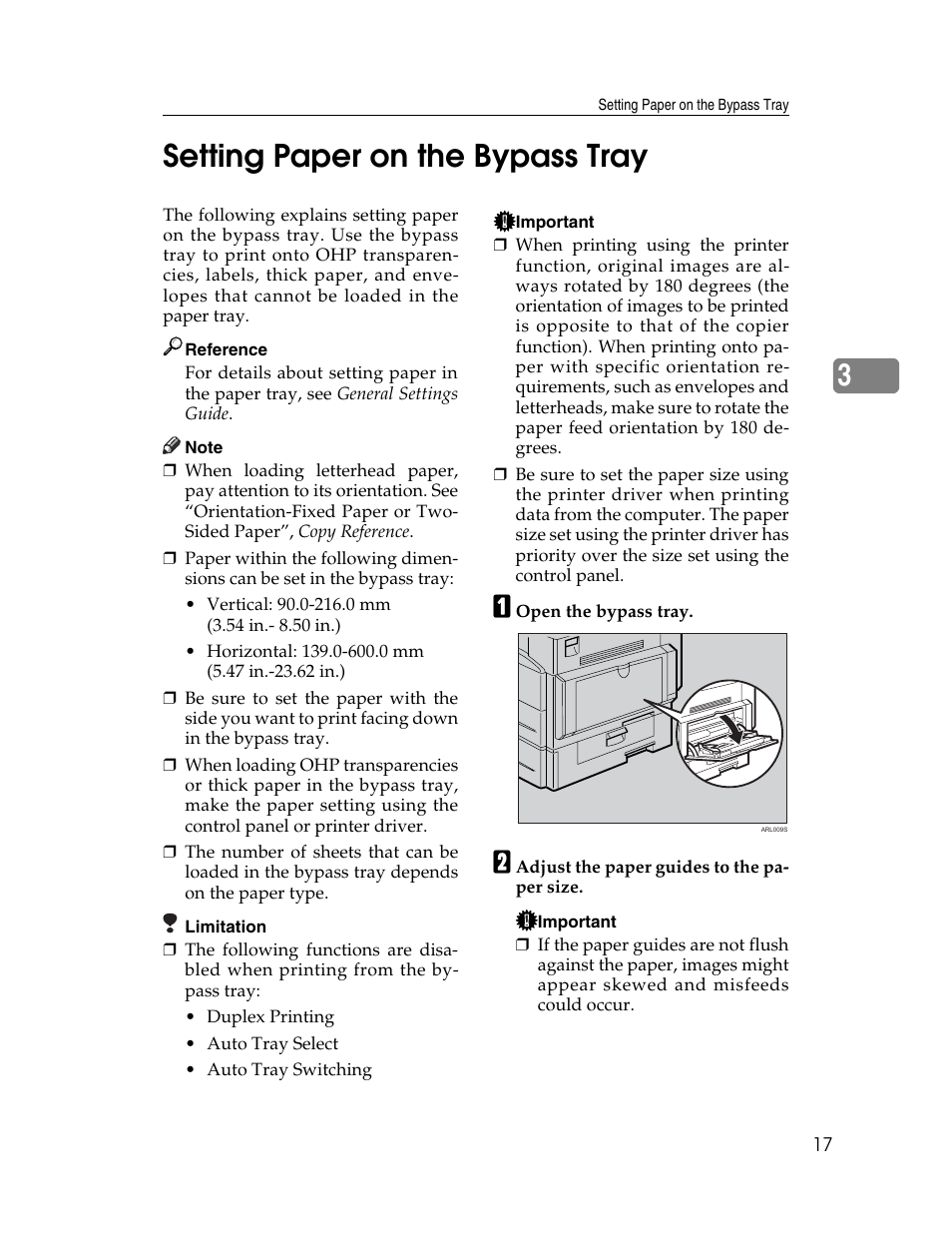 Setting paper on the bypass tray, 3setting paper on the bypass tray | Ricoh Printer/Scanner User Manual | Page 23 / 56