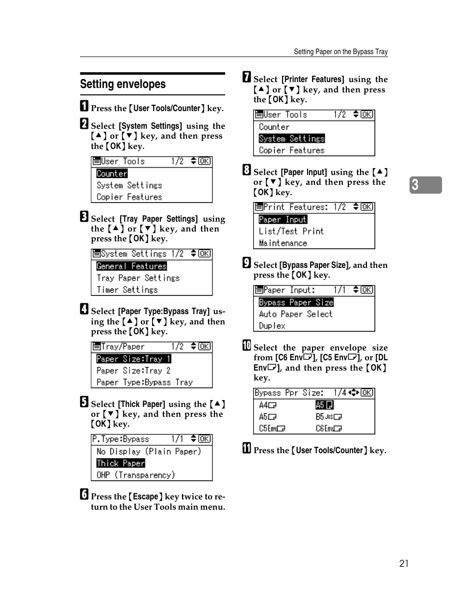 Setting envelopes, E p.21 “setting enve- lopes | Ricoh Printer/Scanner User Manual | Page 27 / 56